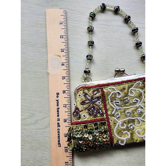 BEADED PURSE-Small-Beaded Handle-Green-Sequins-Evening Bag-Bling-Unique - Picture 14 of 16